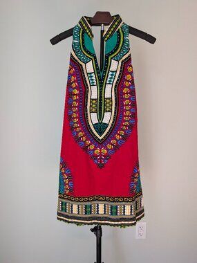African Print Backless Halter Dress Tribal Festival Dashiki A Line Sundress